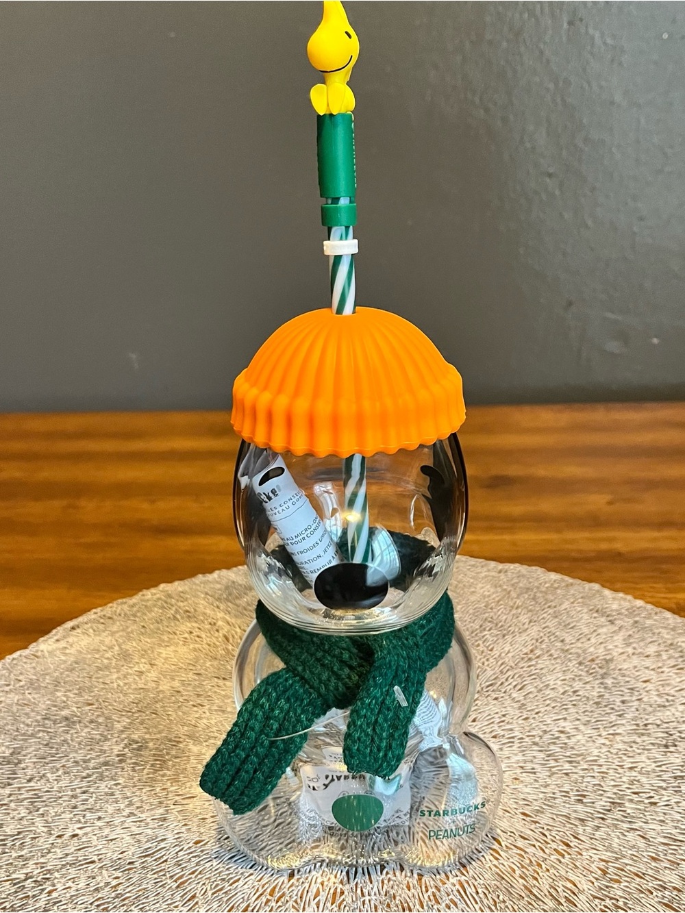 Starbucks Glass Snowman Cup with Orange Lid and Green Scarf